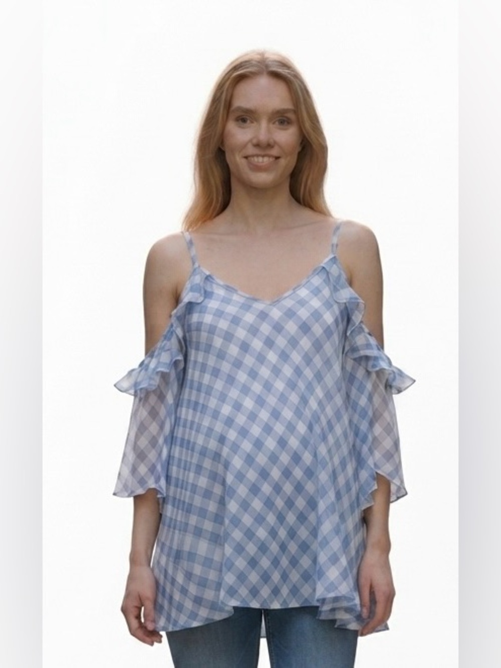 Motherhood Maternity Blue & White Gingham Cold-Shoulder Top – Size M